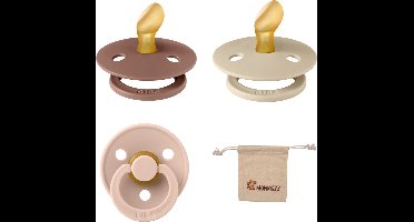 Bibs Dental fopspenen Anatomical 0-6 maanden- Set 3 stuks- Blush, Woodchuck, Vanilla- + Monkiezz speenzakje - orthodontisch- Anatomisch- Maat 1