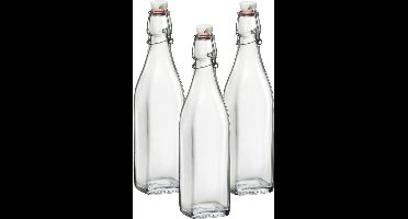 Bormioli Rocco beugelfles/weckfles - 3x - 1 liter - glas - vierkant - water/olie/azijn/sapjes - Karaffen
