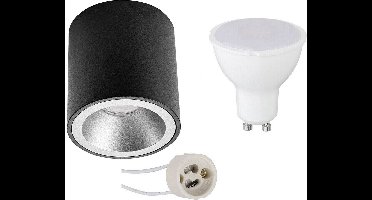 Opbouwspot Set - Proma Cliron Pro - GU10 Fitting - Opbouw Rond - Mat Zwart/Zilver - 4W - Warm Wit 3000K - Verdiept - Ø90mm