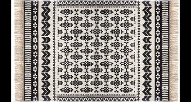 Katoenen Tapijt Met Delhi Motief - Tapijt Met Patronen - Traditioneel - Elegant - Cadeau - Woondecoratie - Huishoudtextiel - Vloerkleed - Vloerkleed Met Kwastjes Aan Beide Zijden - Tapijt - Katoen - Zwart-Witte Kleur - 120x170 Cm