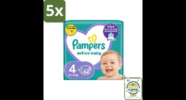 5 x Pampers – Luiers – Active Baby Maat 4 (9-14 kg) – 62 Luiers - Wasstrips - Luiers Voor Baby - Droge Luiers - Actieve Baby - Superabsorberende Luiers - Anti-lek Luier