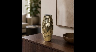 Hoppa! - Vaas - Slanke Metalen met Reliëf - Goud - 14 x 14 x 30 (B x D x H)