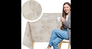 Boraboi® Afwasbaar PVC Tafelkleed Met Linnenlook en Bladerenpatroon Voor Binnen en Buiten,Beige Bladeren,140*140 cm