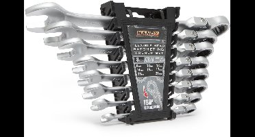 8-in-1 Ratel Steeksleutelset Met Flexibele Kop – Draaibare Koppen – Maten 8-21 mm – Gemaakt Van Chroom-Vanadium Staal – Heavy-Duty, Corrosiebestendig – Inclusief Houder Voor Werkplaats En Garage [10870]