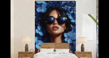Behang - Fotobehang Vrouw - Blauw - Bloemen - Vlinders - Natuur - Breedte 145 cm x hoogte 220 cm