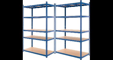 ECD Germany Set van 2 werkplaatsplanken zware plank 200x100x50 cm blauw gepoedercoat metaal met 5 verdiepingen MDF hout belastbaar tot 875kg opbergplank insteekplank kelderplank garageplank metalen
