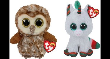 Ty - Knuffel - Beanie Boo's - Percy Owl & Christmas Unicorn