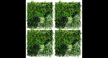 ECD Germany Plantenwand 50 x 50 cm, 4 stuks wandpaneel van kunstplanten, kunstplantenwand privacyscherm weerbestendig, makkelijk te verzorgen en duurzaam voor buiten en binnen, uv-bestendig kunsthaag paneel voor uw tuin en balkon, groen white blossom
