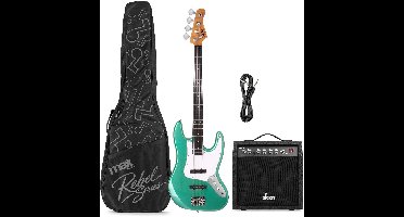 Basgitaarset - MAX Rebel JB - Met online muziekcursus - Roasted maple hals met 20 frets - Incl. gitaartas en versterker - Metallic green
