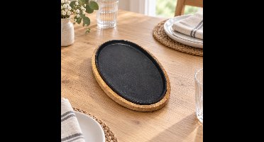 Hoppa! Ovale serveerschaal met houten onderlegger - Zwart/Naturel - 17 x 26 x 4 cm (B x D x H)
