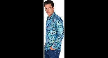 Overhemd Disco - Heren Blouse - Disco 80/90 - Hippie - Carnaval - Verkleedkleding - Turquoise - Maat S