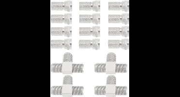KARZO - Set van 4 zilveren T-stuk 2-weg splitter F-plug adapters met Britse connector voor antenne, geschikt voor gesloten lijn hoofd monitoring en coax antenne splitting
