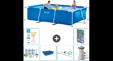 Intex Rechthoekig Frame Zwembad - 300 x 200 x 75 cm - Blauw - Inclusief Onderhoudspakket - Afdekzeil - Schoonmaakset - Zwembadfilterpomp - 7-delig
