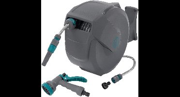 ECD Germany rollup tuinslanghaspel 20m+2m muurgemonteerde slanghouder met automatisch oprolmechanisme vergrendelingssysteem 9 sproeifuncties 180° zwenkbaar waterslangbox voor wandbevestiging ideaal voor tuin en terrasonderhoud