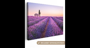 OneMillionCanvasses - Canvas schilderij - Lavendel - Bloemen - Boom - Landschap - Schilderij bloemen - Canvas doek - 120x90 cm - Muurdecoratie - Woonkamer