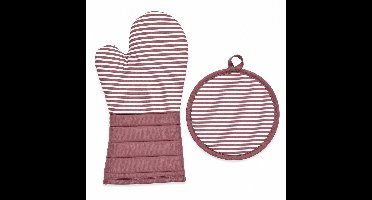 Ovenhandschoen en Pannenlap Set – Oudroze/Roodroze – 2-delige Keukenset met Witte Strepen – Ovenwant 18 x 34 cm + Ronde Pannenlap Ø 21 cm