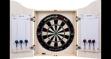 Longfield Darts - Houten Dartkabinet Licht Eiken met Dartbord – Inclusief 6 Steeltip Dartpijlen - Whiteboard + Marker - Wedstrijdbord – Dartkabinet - lichtgekleurd - houten kabinet – Dartset - Beschermt de muur - makkelijk te installeren