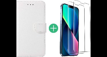 Hoesje Geschikt voor iPhone 13 Mini bookcase met 2 Pack Screenprotector gehard glas – Wit