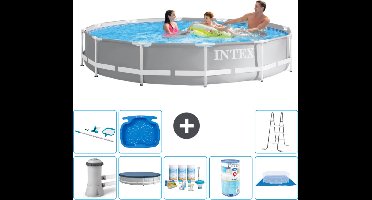 Intex Rond Prism Frame Zwembad - 366 x 76 cm - Grijs - Inclusief Pomp - Afdekzeil - Onderhoudspakket - Filter - Grondzeil - Schoonmaakset - Ladder - Voetenbad - 9-delig