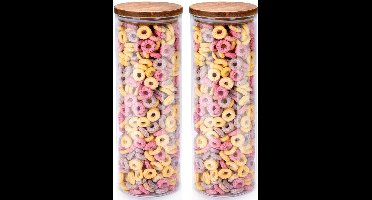 Voorraadpot/bewaarpot Foodking - 2x - borosilicaat glas - 1650 ml - glas/hout - D9.5 x H27 cm - voedsel bewaren