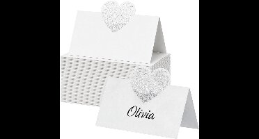 Partydeco Naamkaartjes / plaatskaartjes hart - Bruiloft - wit - embossed - 30x stuks - 9 x 6,5 cm