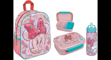 Minnie Mouse Schoolset - Rugzak en lunchset - 3-delig - Strik en bloemen