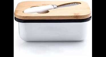 GELLDG Boterdispenser - Roestvrij staal - Met houten deksel en multifunctioneel botermes - Boterdispenser met grote inhoud - 450 ml - Geschikt voor thuis en in de keuken - Wit