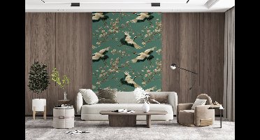 Behang - Fotobehang Kersenbloesem - Kraamvogels - Groen - Breedte 145 cm x hoogte 220 cm