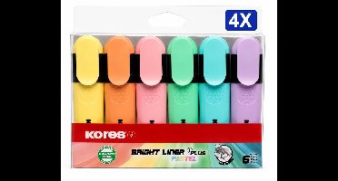 Kores High Liner Plus Pastel Markeerstiften Set van 6 Kleuren - Voordeelverpakking van 4 Etuis - Pastel Textmarkers met Wigvormige Punt en Ergonomische Greep - Voor School en Kantoor