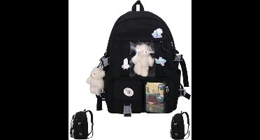 Kawaii schoolrugzak Geschikt Voor meisjes - Rugzak Meisje Met Pin en Accessoires - Rugtas Meisje - Kawaii-rugzak - Waterdichte rugzak Geschikt Voor meisjes - lichtgewicht schooltas - zwart