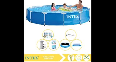 Intex Rond Frame Zwembad - 366 x 76 cm - Blauw - Inclusief Solarzeil - Onderhoudspakket - Zwembadfilterpomp - Filter - Grondzeil - Stofzuiger - 7-delig