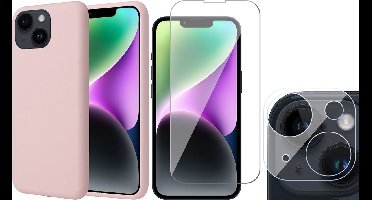 Hoesje geschikt voor iPhone 14 Plus - Screenprotector GlassGuard & Camera Lens Screen Protector - Back Cover Case SoftTouch Roze