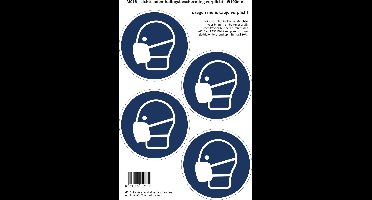 Pictogram sticker M016 - Mondkapje verplicht - Lichte ademhalingsbescherming verplicht - Ø100 mm - 4 stickers op 1 vel - Corona