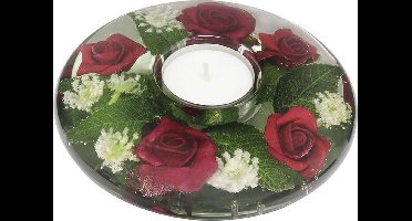 waxinelichthouder met rode bloemen - 4x11 cm handgemaakte glazen waxinelicht houder - sfeervolle windlicht decoratie