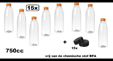 15x Flesje helder 750cc met oranje dop + 15 zwarte doppen - drink fles vruchten sap limonade drank