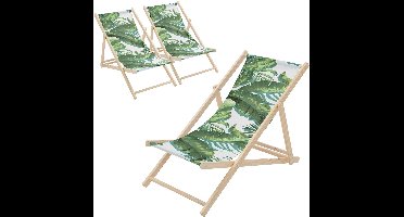 ECD Germany 3x opvouwbare strandstoel houten ligstoel met verstelbare rugleuning 3 standen comfortabele tuinstoel buitensstoel draagbare lounge stoel weerbestendig ligbed voor strand tuin balkon terras tot 120 kg tropical groen-wit