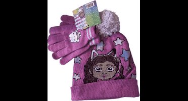 Gabby’s Dollhouse Kinder Winterset Meisjes – Muts & Handschoenen – Roze Paars – Warm & Zacht – One Size – Cadeau Winter Accessoires Kind