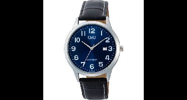 Q&Q- Heren horloge-model a44a-005py-datum-duidelijke blauwe wijzerplaat-3 atm waterdicht- zwart leder-diameter 40 mm