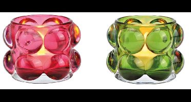 2 glazen waxinelichtjes bubble groen, roze 2-voudig, (B/H/D) 8x6x8cm