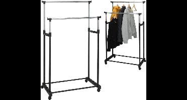 Relaxwonen - Dubbel kledingrek - op wielen met instelbare hoogte - 86x42x170cm - Mobiel kleding rek'