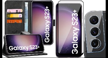 Hoesje geschikt voor Samsung Galaxy S23 Plus - Screenprotector FullGuard & Camera Lens Screen Protector - Book Case Kunstleer Pasjeshouder Zwart