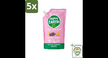 5 x Happy Earth – Handzeep Navulling – 100% Natuurlijk Lavender Ylang – 600 ml - Wasstrips - Handzeep Navulling - Natuurlijke Handzeep - Vegan Handzeep - Lavendel Handzeep - Ylang Handzeep