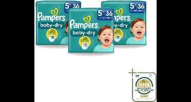 3 x Pampers – Luiers – Baby-Dry Maat 5+ (12-17 kg) – 36 Luiers - Wasstrips - Baby-luiers - Droge Huid - Droogheid - Absorberende Luiers - Baby Droogheid