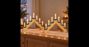 HI Kaarsenbrug - 2x - 42,5 x 4,5 x 32 cm - hout - met 7 led kaarsen - kerstversiering
