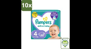 10 x Pampers – Luiers – Active Baby Maat 4 (9-14 kg) – 62 Luiers - Grootverpakking - Vaatwasstrips - Luiers Voor Baby - Droge Luiers - Actieve Baby - Superabsorberende Luiers - Anti-lek Luiers