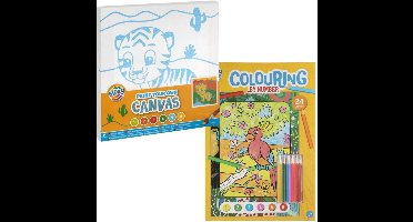 Paint- & Kleurplezier Set – Tijger & Dieren – Canvas Schilderen + Kleur-op-Nummer Boek – 24 Designs – Creatief Speelgoed voor Kinderen (3+)