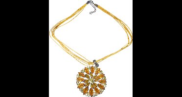 Ketting met ronde hanger bloem blaadjes strass stenen oranje