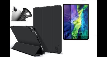 Hoes geschikt voor iPad Pro 2021 11 inch - Screenprotector GlassGuard - Trifold Book Case Kunstleer Tablet Hoesje Zwart