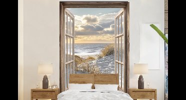 Behang - Fotobehang Doorkijk - Strand - Duinen - Zee - Natuur - Breedte 160 cm x hoogte 240 cm