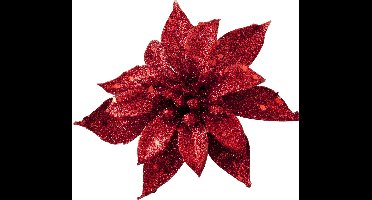 Cosy and Trendy decoratie bloem - op clip - rood - 8 cm - glitters - kunststof